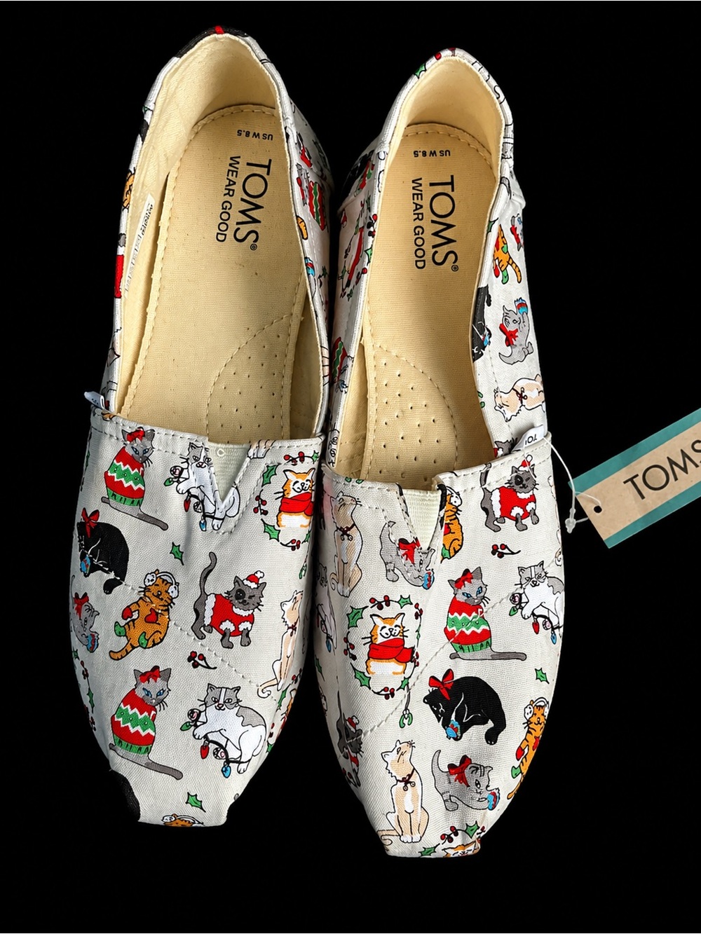 TOMS Belmont Holiday Cat Print Slip-On Shoes - White with Multi-Color Cats